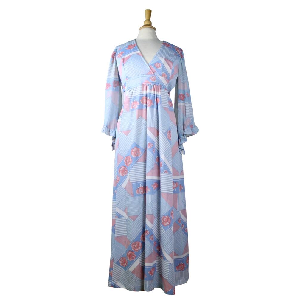 Vintage 60s 70s maxi dress blue rose stripe op-art empire waist sz M/L